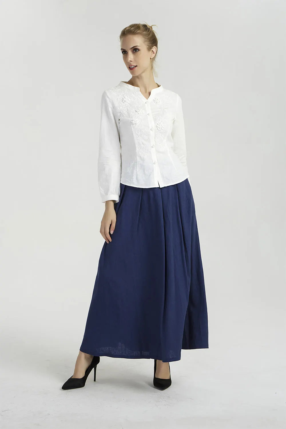 Blue Linen Maxi Skirt – Women’s High Waist Pleated Skirt with Pockets  2040