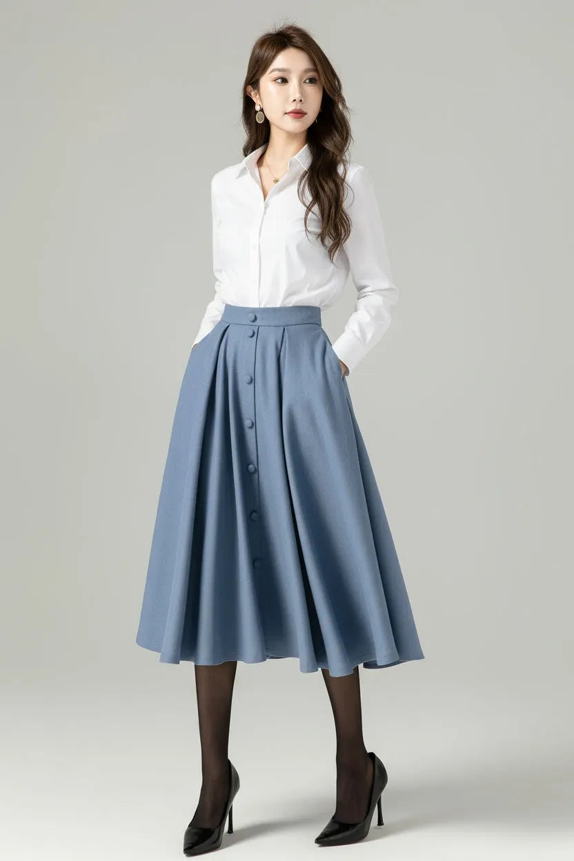 Blue Wool A-Line Midi Swing Skirt – High Waist Winter Skirt with Buttons 6566