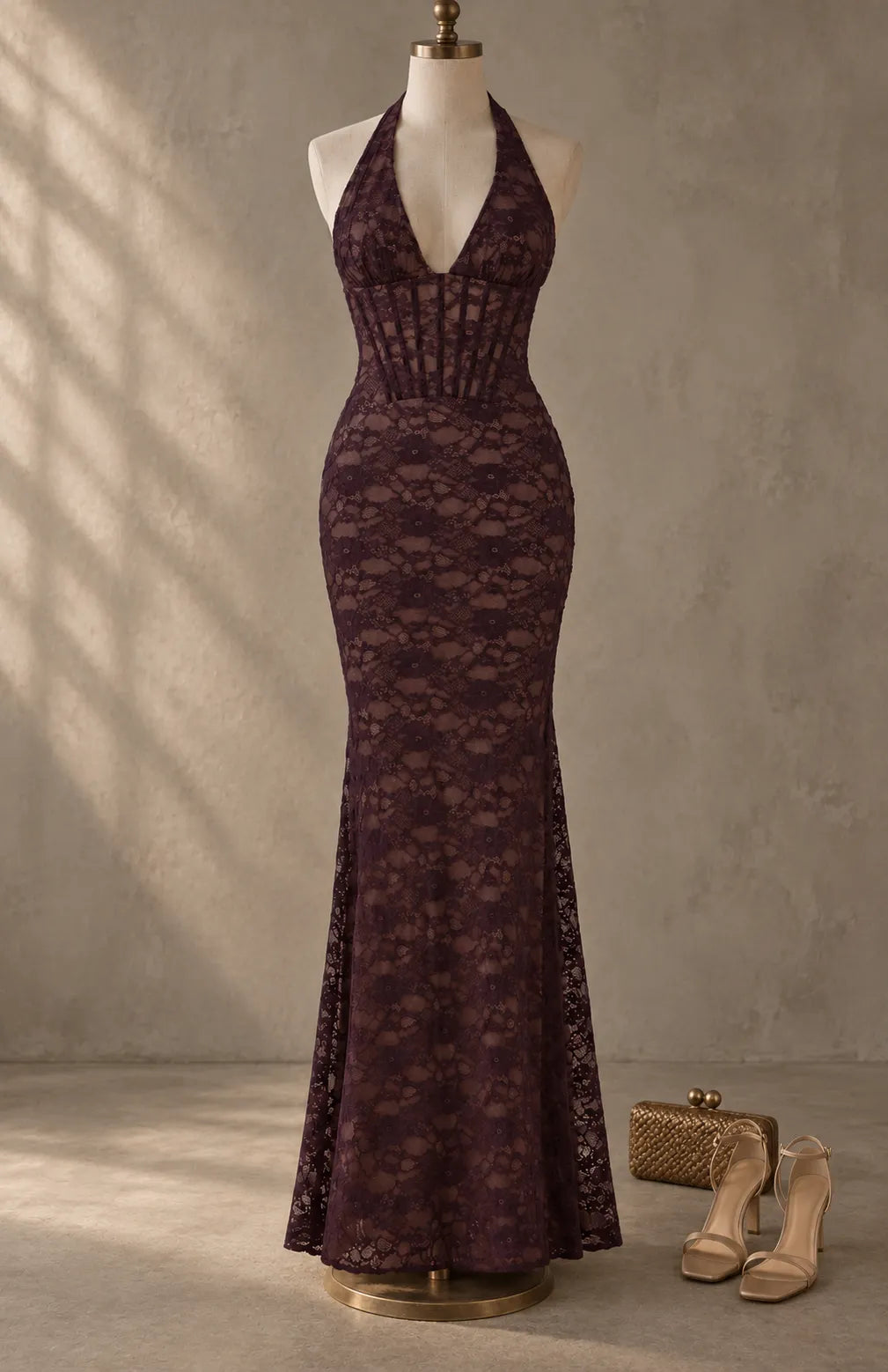 Brown Lace Halter Corset Maxi Dress