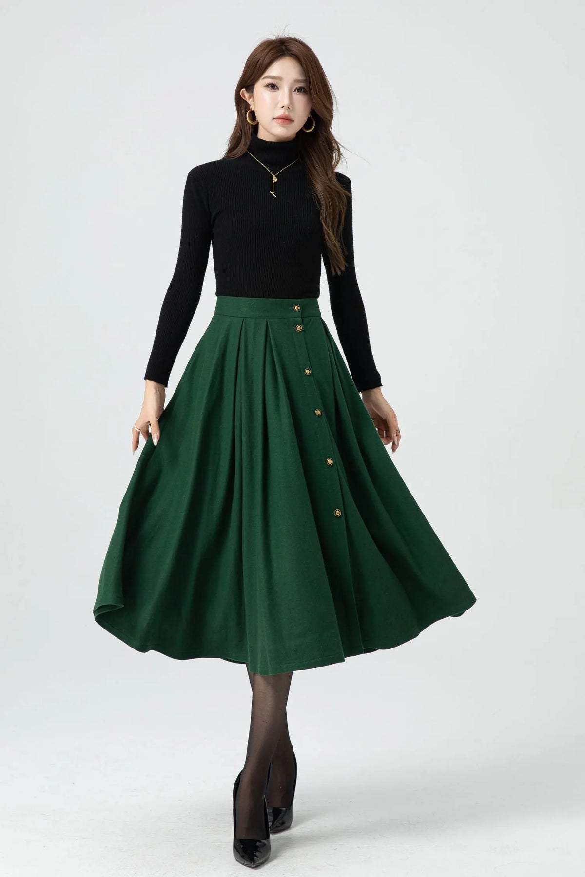 Green Wool Midi Skirt - Button Front Pleated Circle Skirt 5322