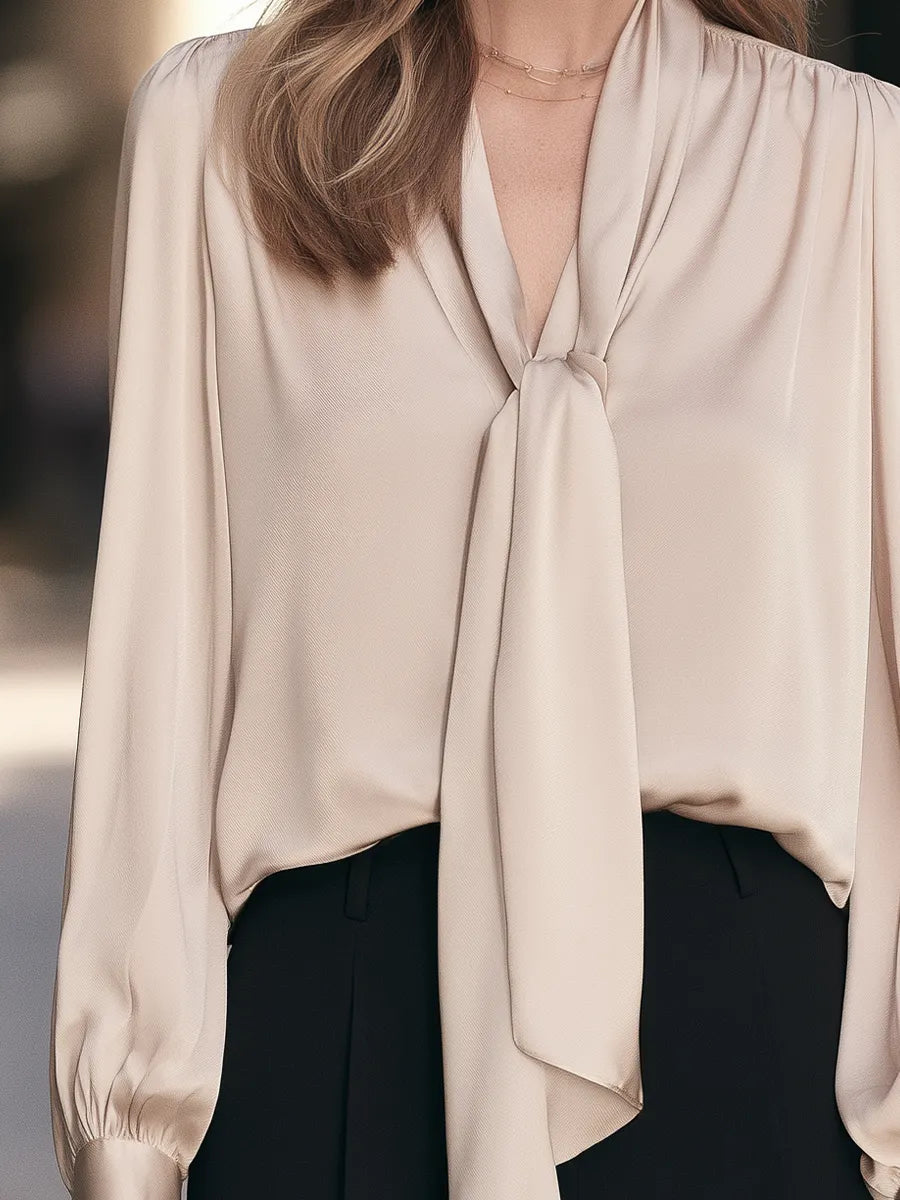 Tie-Neck Balloon Sleeve Satin Blouse