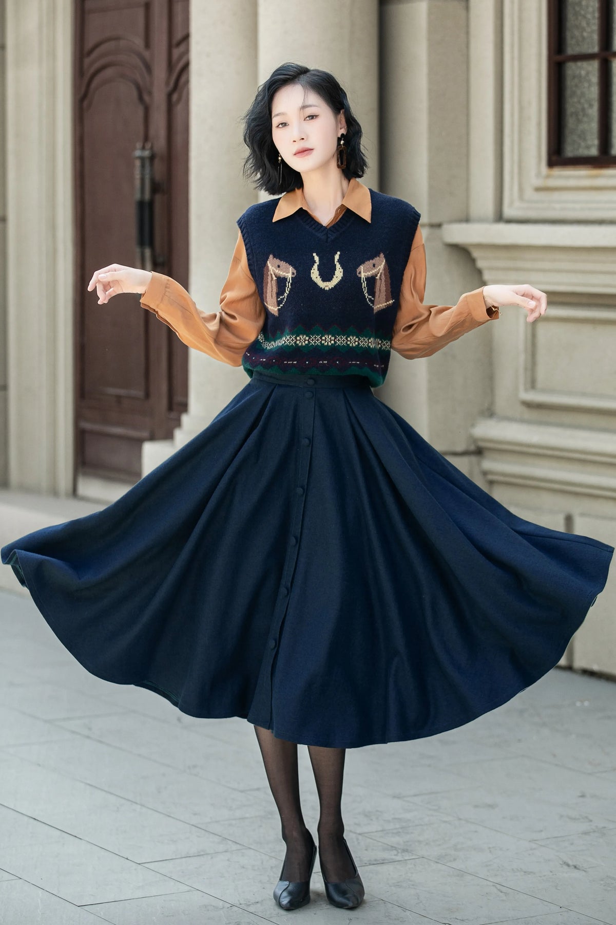 Navy Wool Midi Skirt - High Waist Flare Swing Silhouette 6338