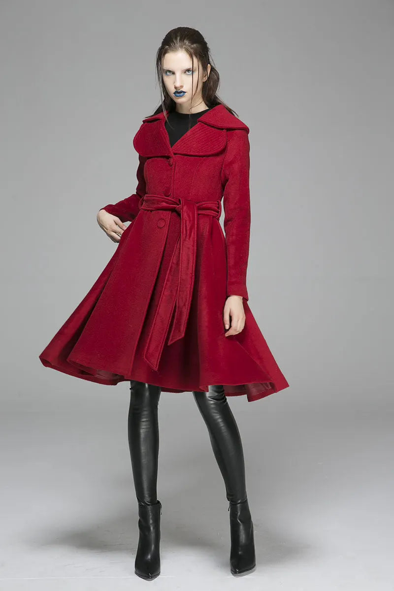 Red Wool Coat Dress – Winter Holiday Party & Romantic Evening Overcoat 1366