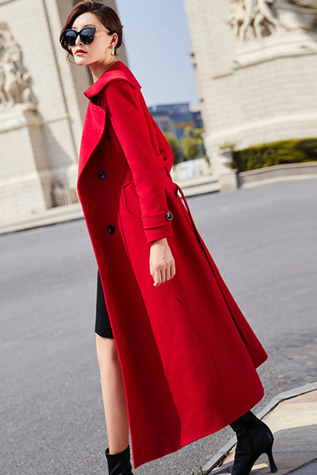 Red Wool Maxi Coat - Double Breasted with Tie Belt Waist 3194