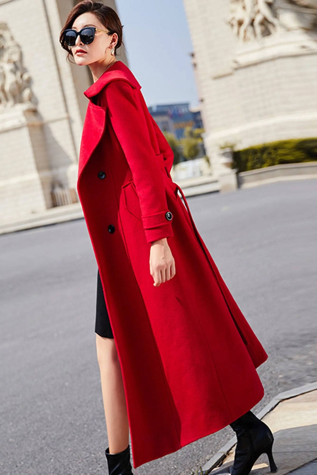 Red Wool Maxi Coat - Double Breasted with Tie Belt Waist 3194