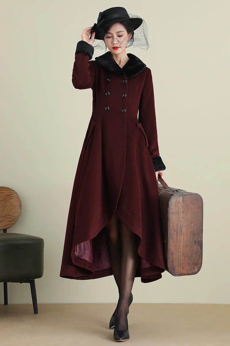 Xiaolizi Vintage Burgundy Wool Coat for Women – Handmade A-line High-Low Winter Coat with Faux Fur Collar 3895