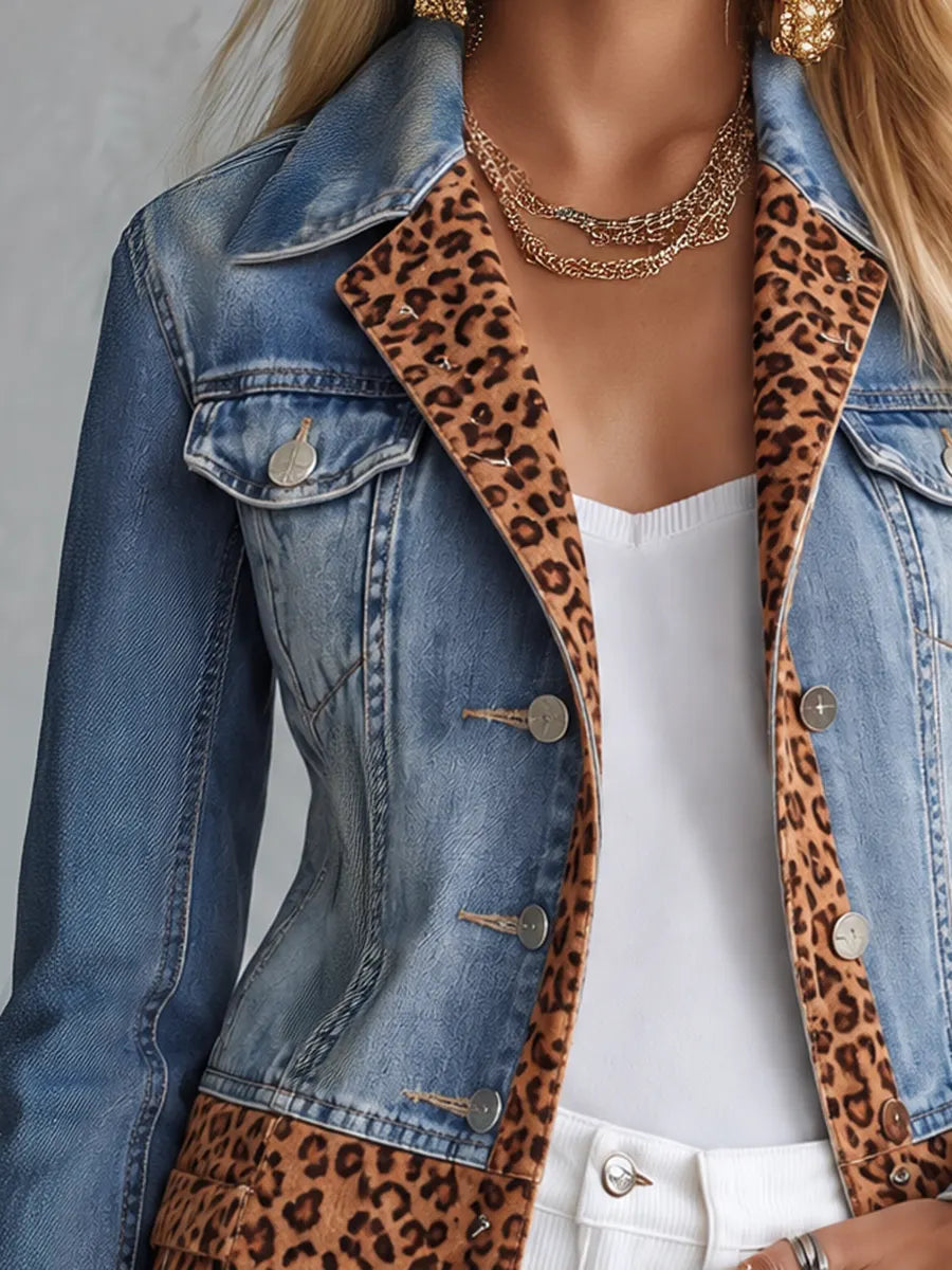 Leopard Patchwork Longline Denim Jacket