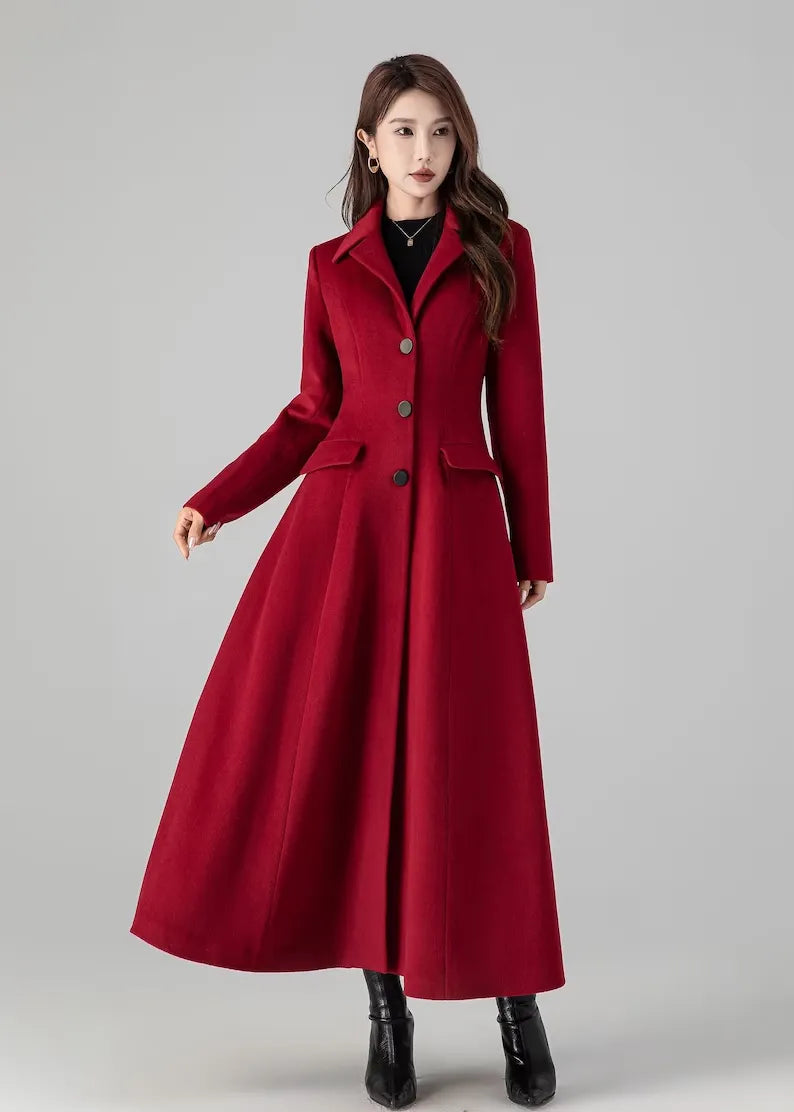 Red Wool Long Coat - Elegant Flared Trench Silhouette 4512