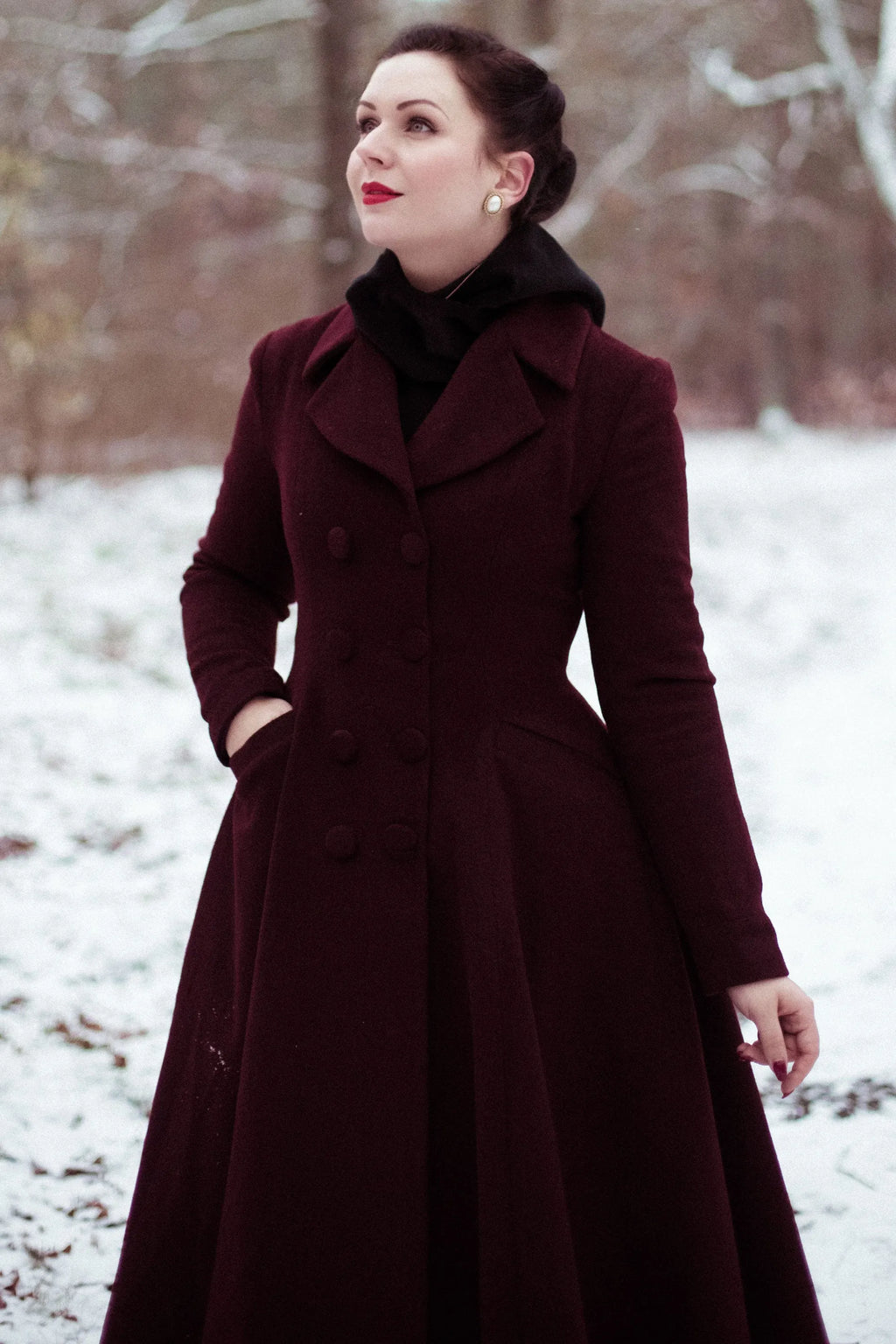 Elegant Burgundy Wool Blend Coat – Handmade A-Line Long Winter Overcoat 