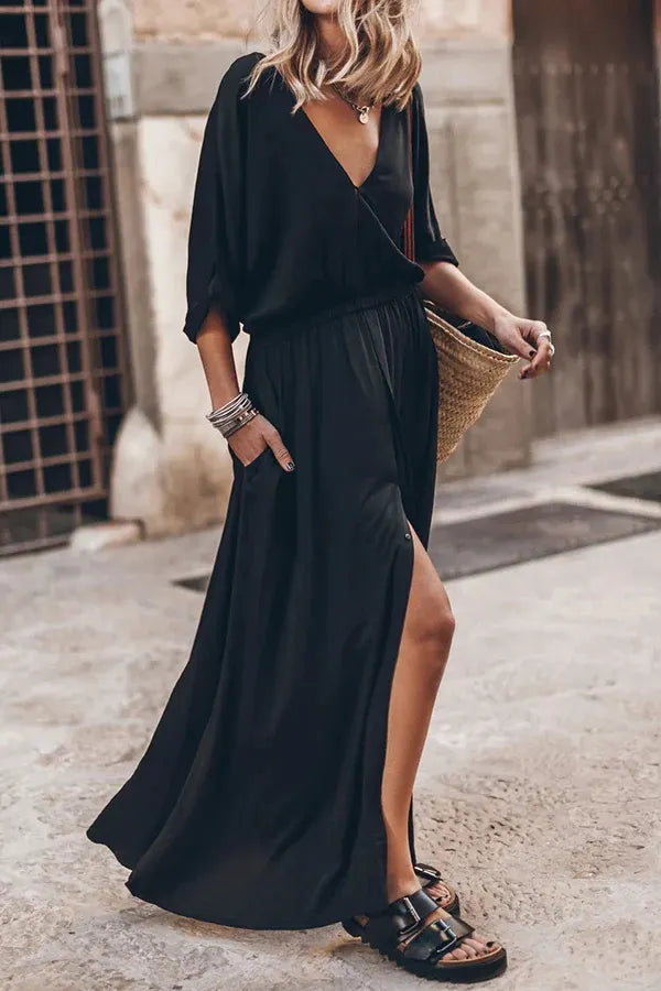 Soft and Elegant Kimono Sleeve Stretchy Waist Pocketed Slit Maxi Dress