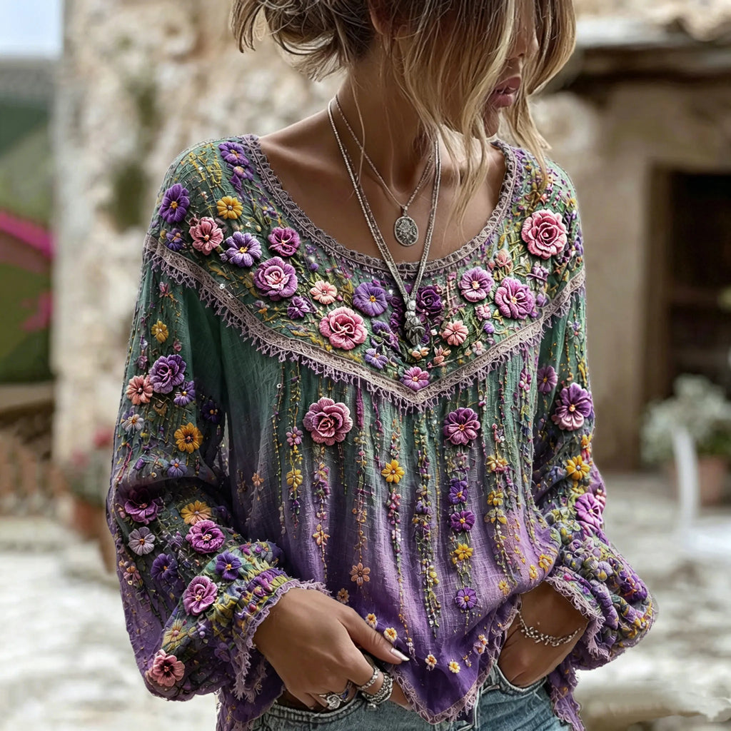 Women's Floral Art Embroidered Linen Blend Round Neck Long Sleeve Tops