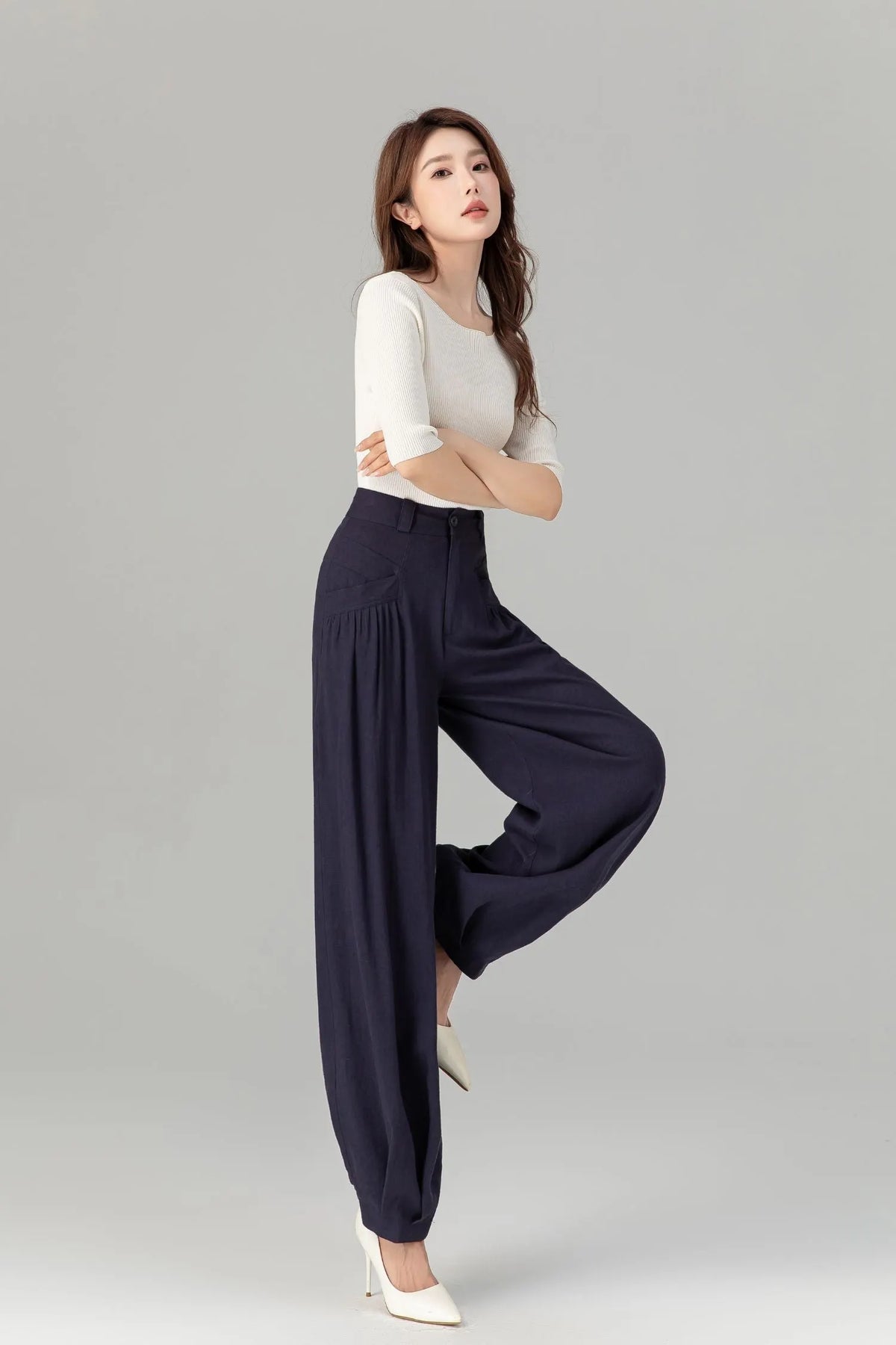 Navy Linen Wide Leg Pants - Loose Fit with Lantern Silhouette 4937