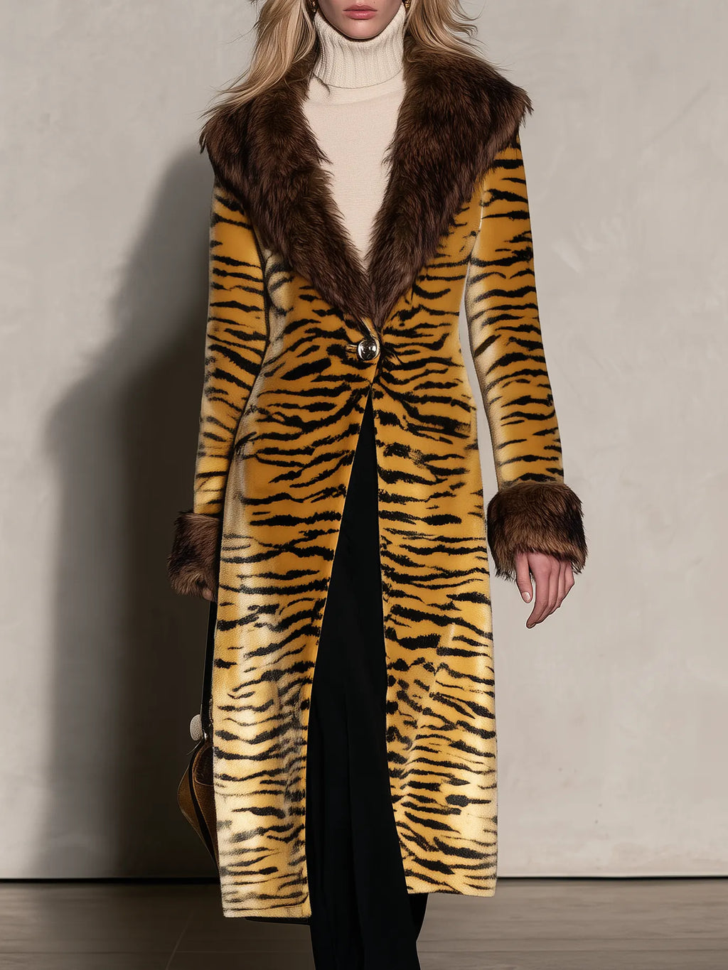 Vintage Elegant Velvet Print Faux Fur Coat, Chic Winter Statement Outerwear