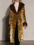 Vintage Elegant Velvet Print Faux Fur Coat, Chic Winter Statement Outerwear