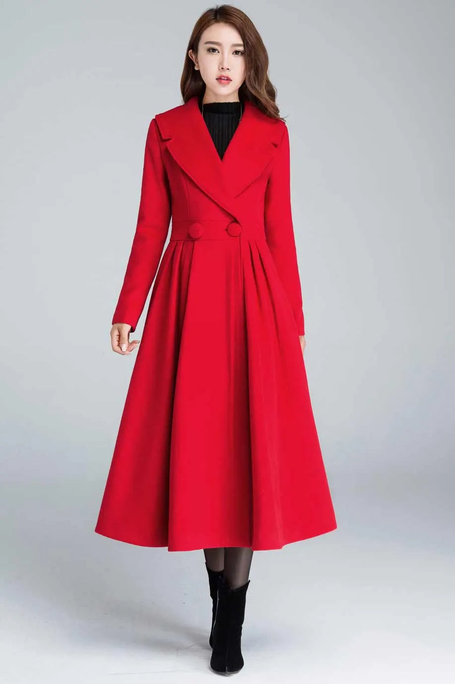 Vintage Red Wool Blend Coat – Princess Pleated Long Winter Overcoat 