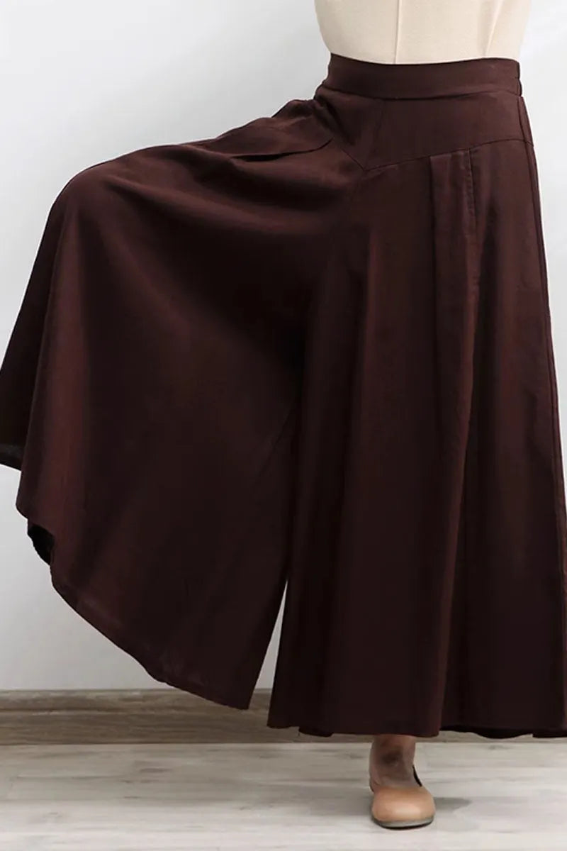 Beige Linen Cotton Wide Leg Pants - Elastic Waist, Asymmetrical Hem 4300