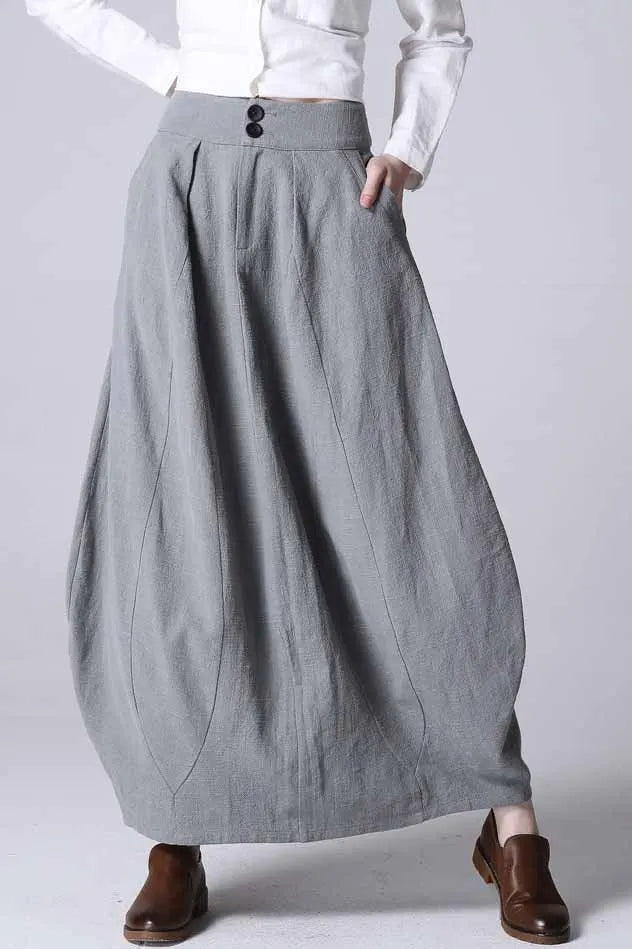 Handmade Linen Bubble Skirt Green – High-Waist Pleats Midi – 0984