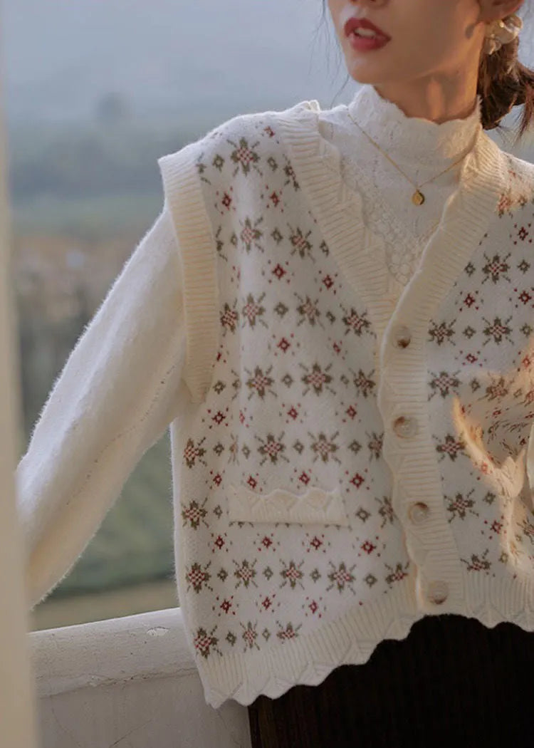 KittenAlarm - Floral Design Vintage V-Neck Vest Sweater