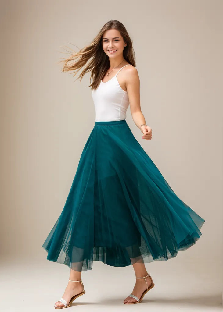 Boho Chiffon Midi Skirt, Elastic Waist Circle Skirt 
