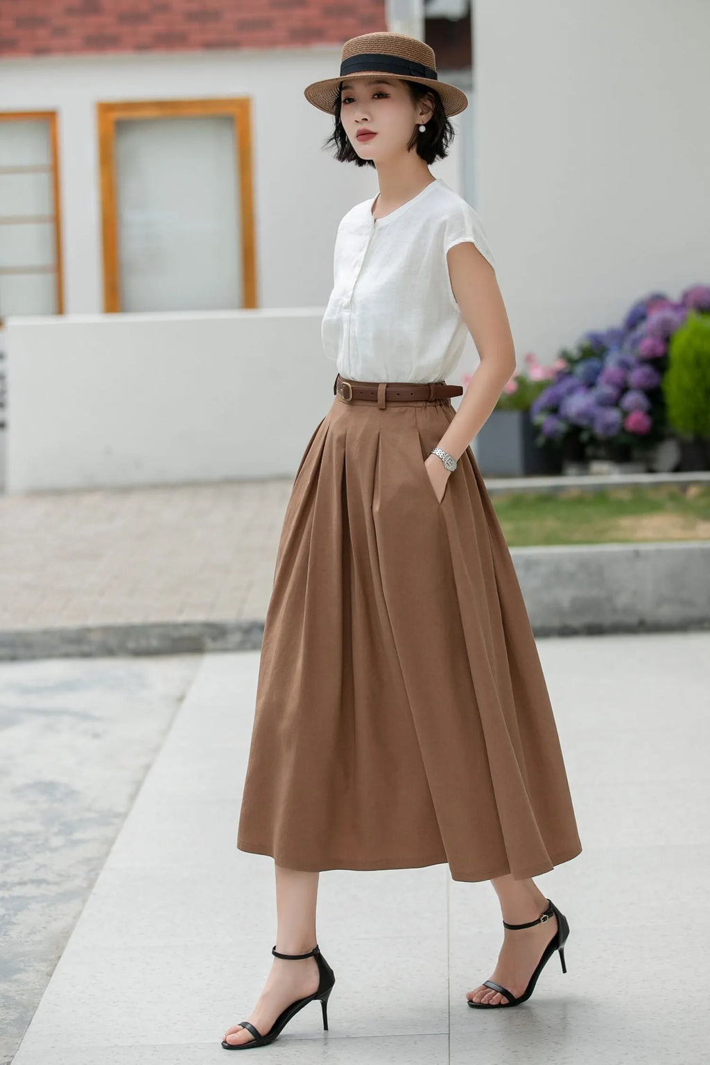 Coffee Linen Midi Skirt - Pleated A-Line with Belt Loops 5982