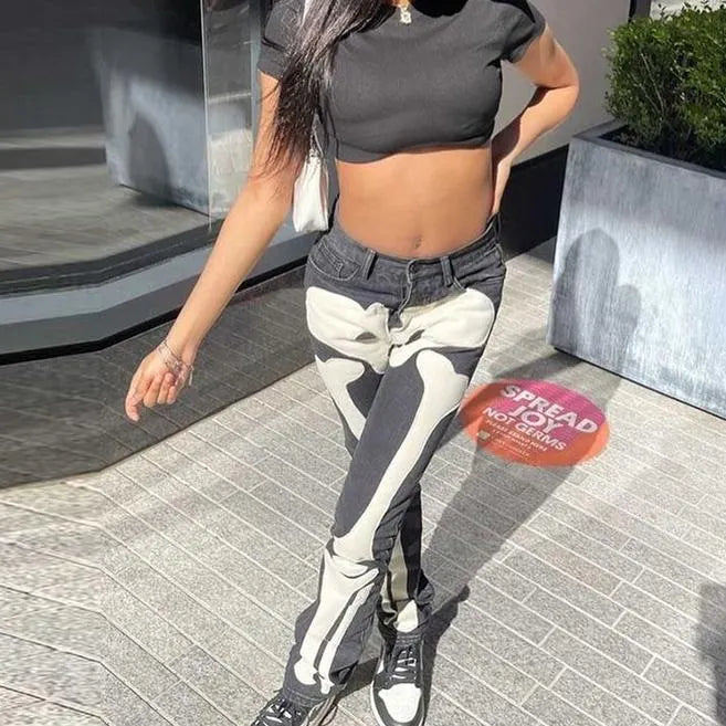 KittenAlarm - Women Skeleton Printed Jeans Trousers Casual Halloween Pattern Mid-waist Button Pencil Pants Autumn Y2K Go