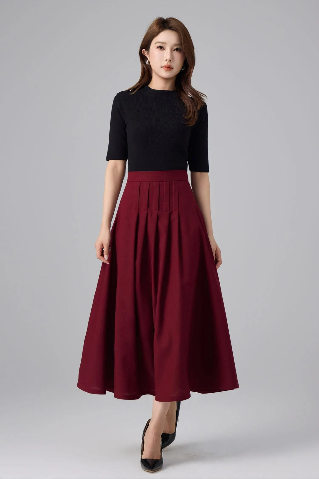 Burgundy Linen Midi Skirt - High Waist Pleated A-Line 