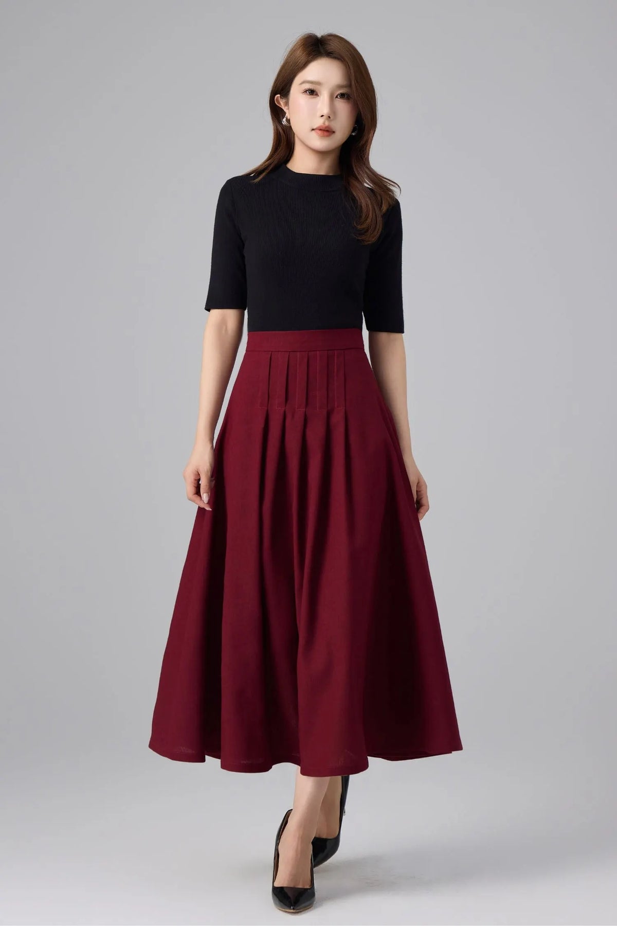 Burgundy Linen Midi Skirt - High Waist Pleated A-Line 