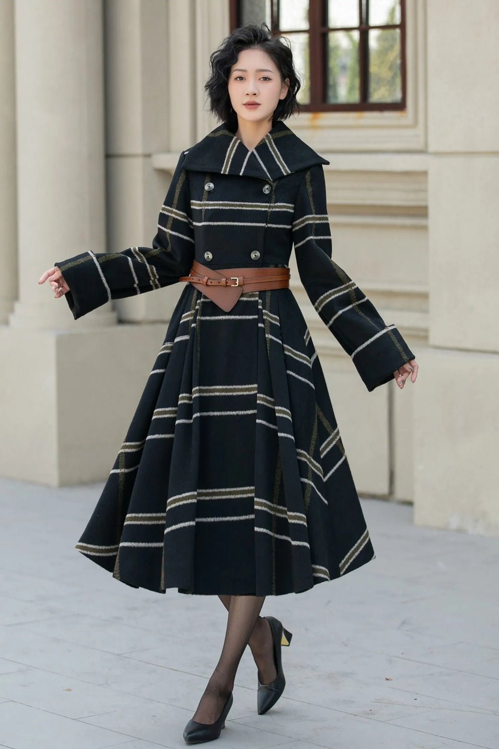 Black Wool Fit and Flare Coat - Double Breasted Stripe Design 5454
