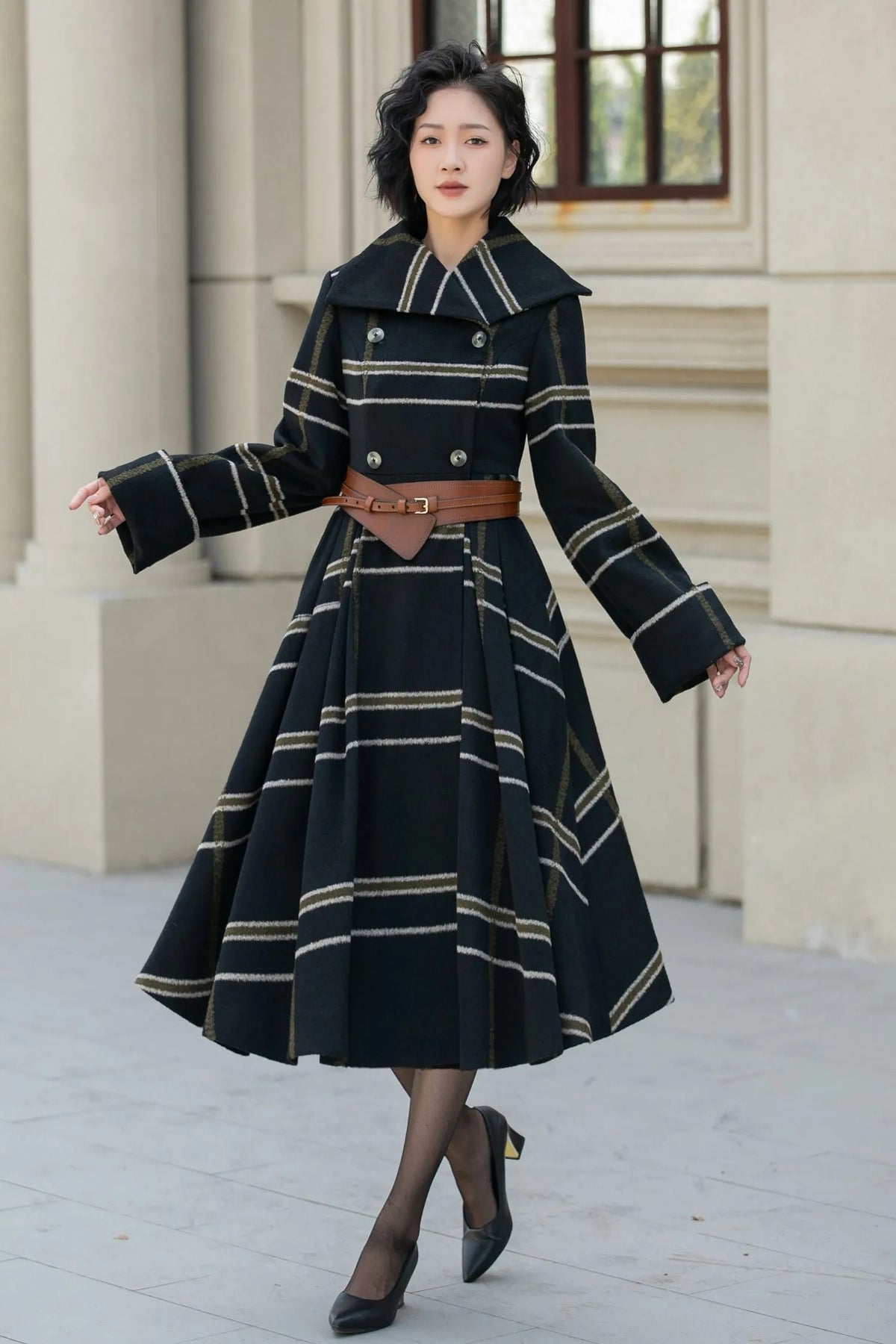 Black Wool Fit and Flare Coat - Double Breasted Stripe Design 5454