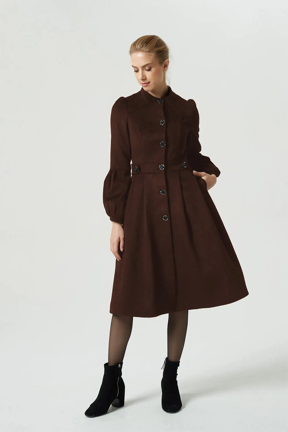 Brown Wool Blend Fit and Flare Dress Coat - Tailored Waist, Button Front 6312