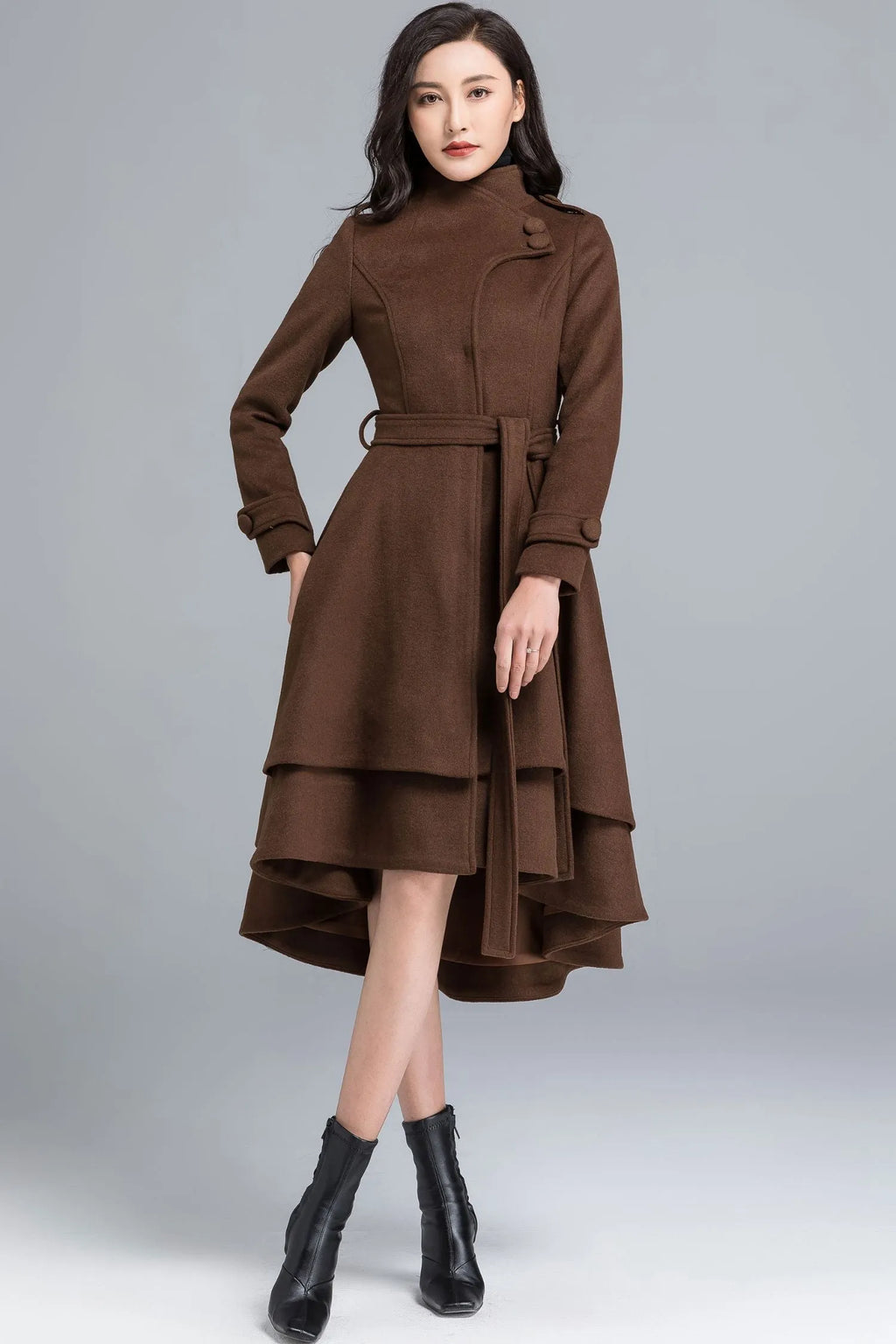Brown Wool Coat - Asymmetrical Tiered Hem with Self Tie Belt c2491