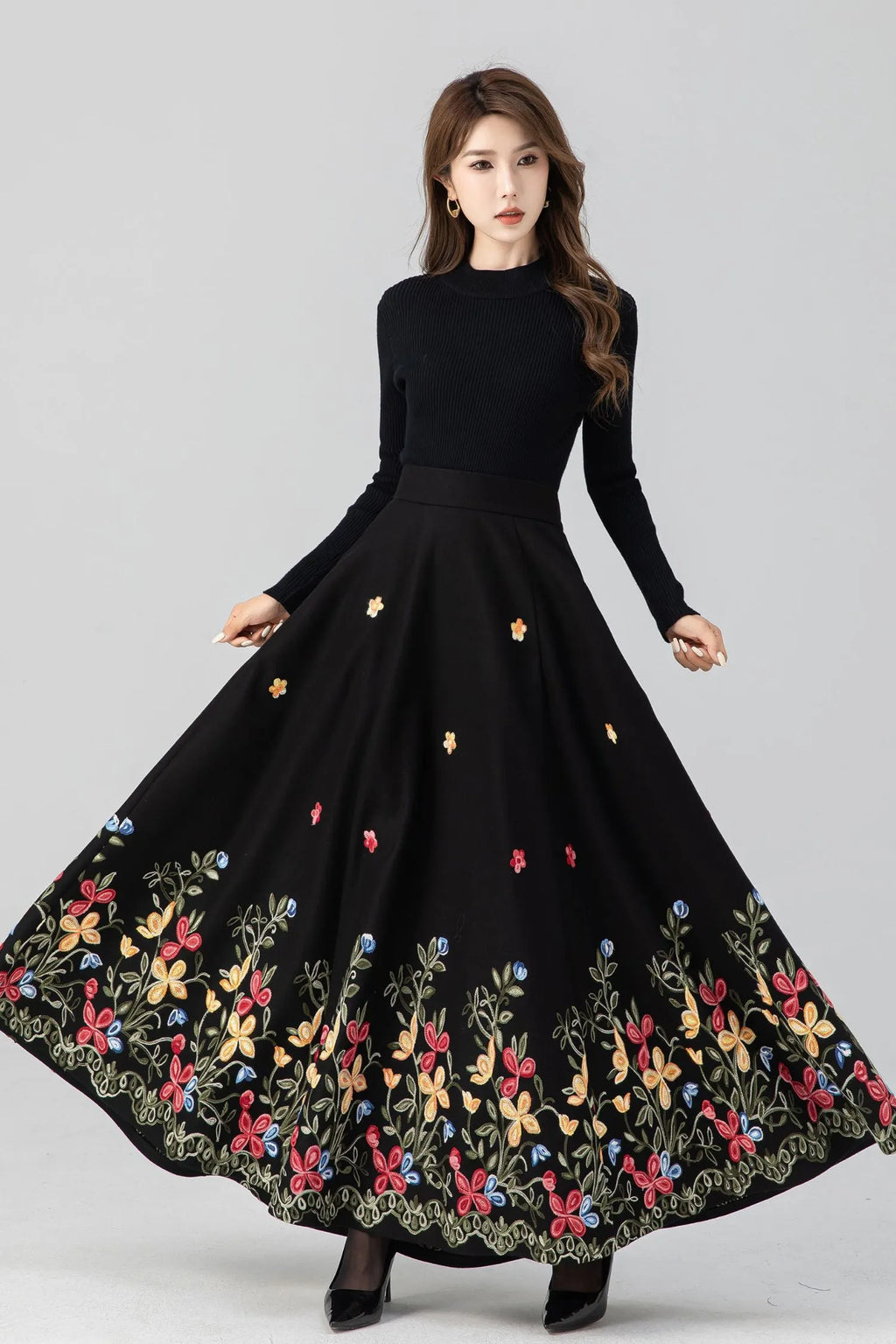 Black Wool Maxi Skirt - Embroidered Flared Silhouette 4664