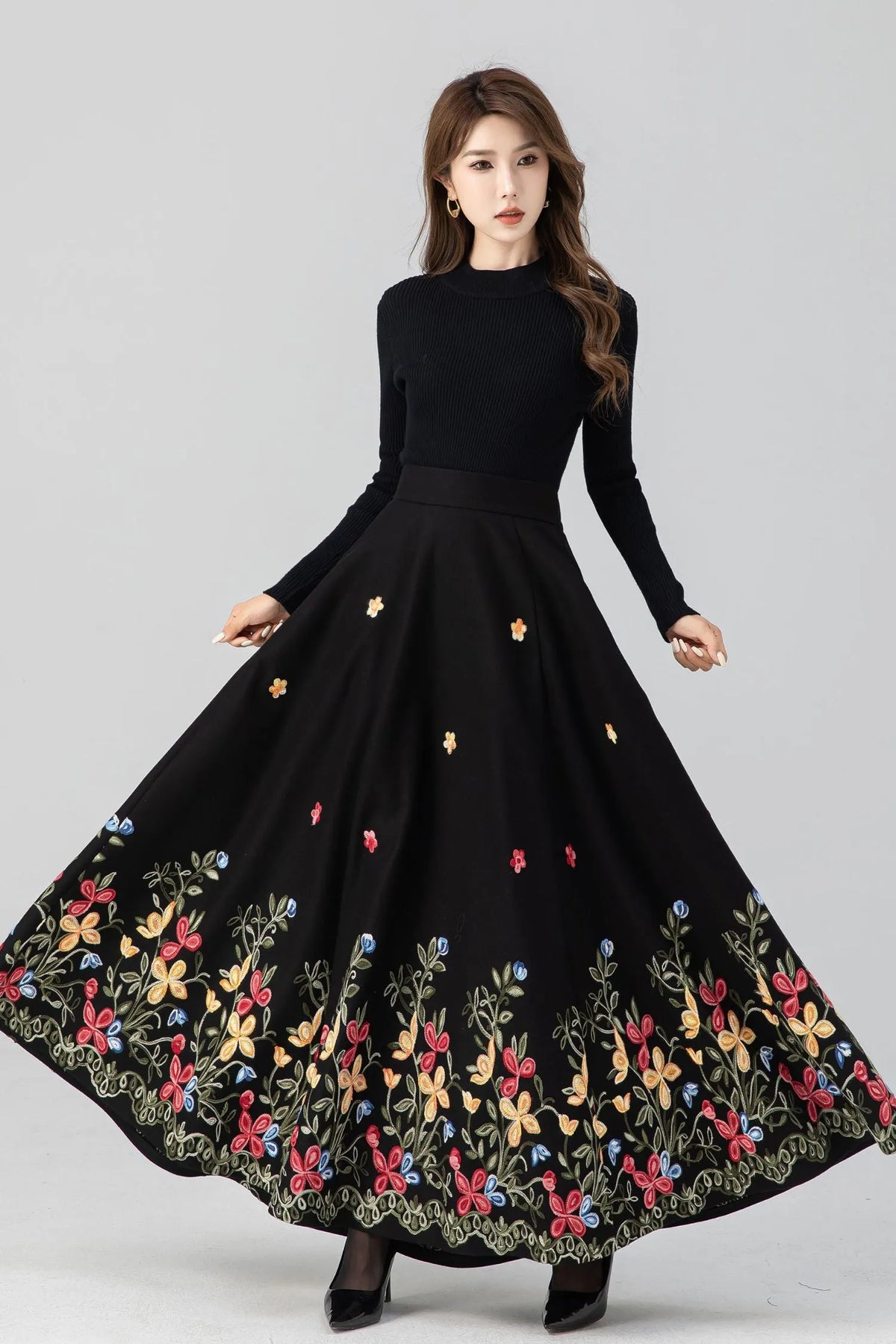 Black Wool Maxi Skirt - Embroidered Flared Silhouette 4664