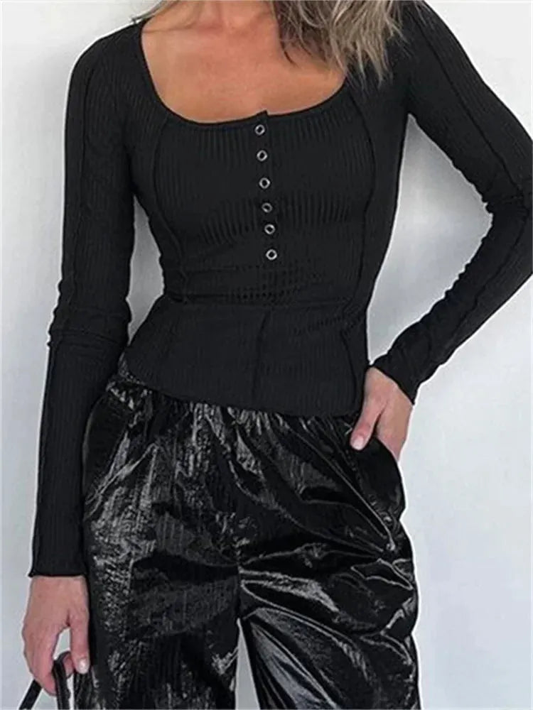 Long Sleeve Solid Color Slim Fit Ribbed Button Up T-shirts
