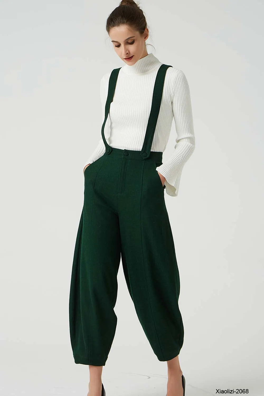 Army Green Wool Suspender Pants - Loose Fit with Pockets 2068