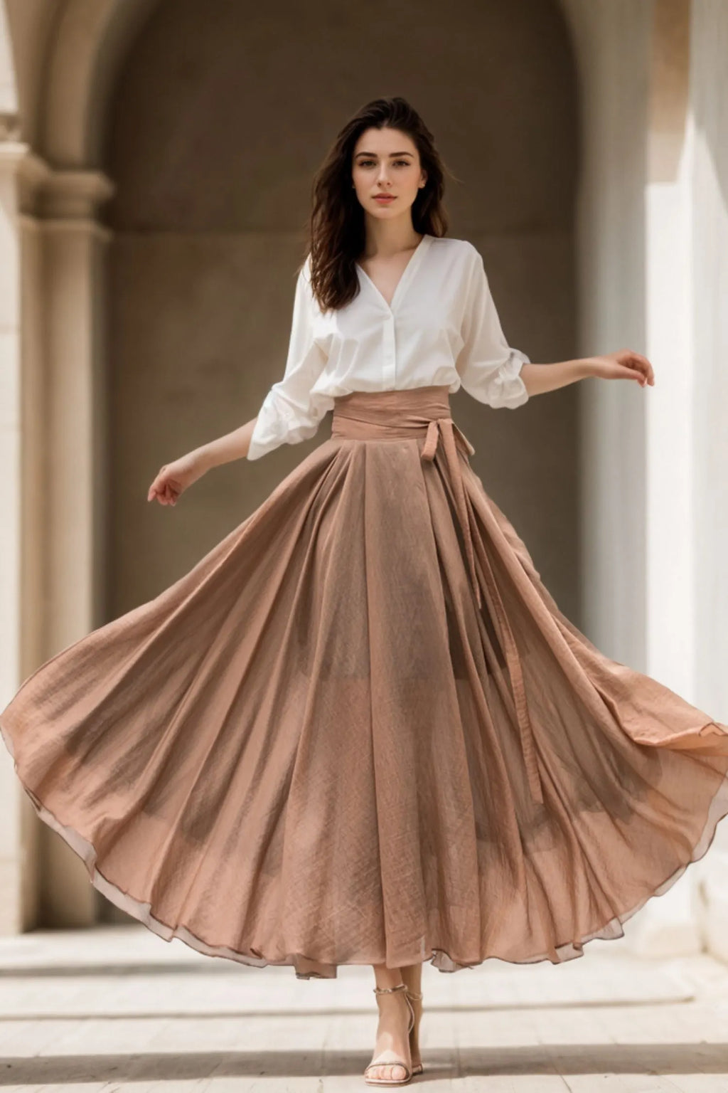 Brown Chiffon Circle Maxi Skirt - High Waist Self-Tie Belt 