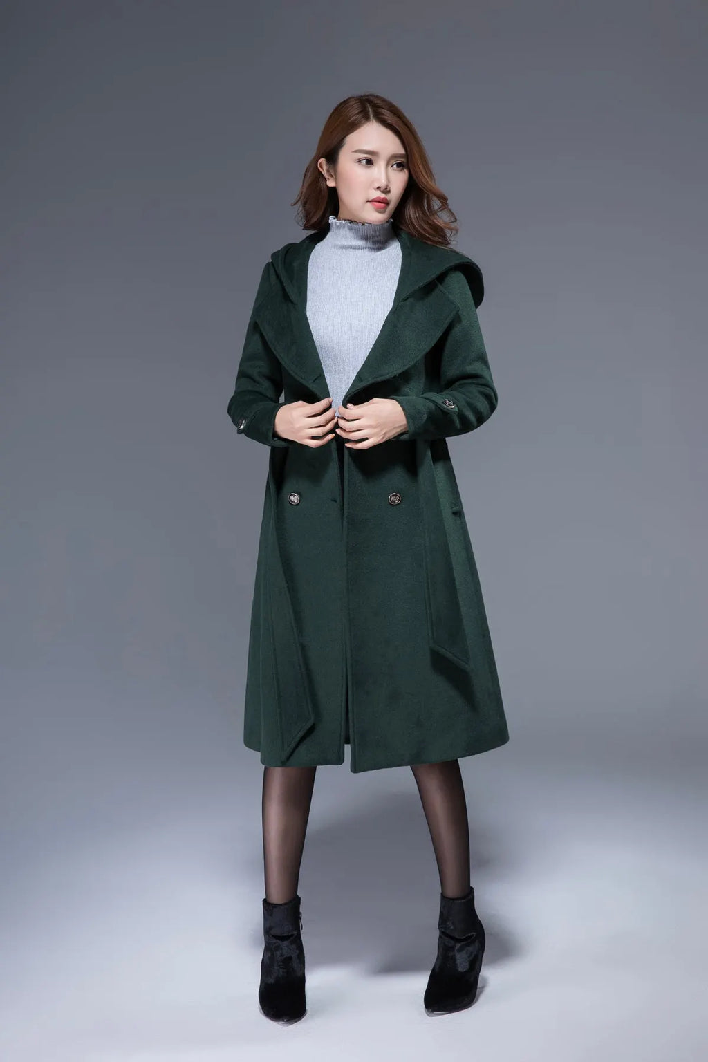 Vintage Wool Coat for Women – Handmade Green Double Breasted Hooded Belted Winter Coat 