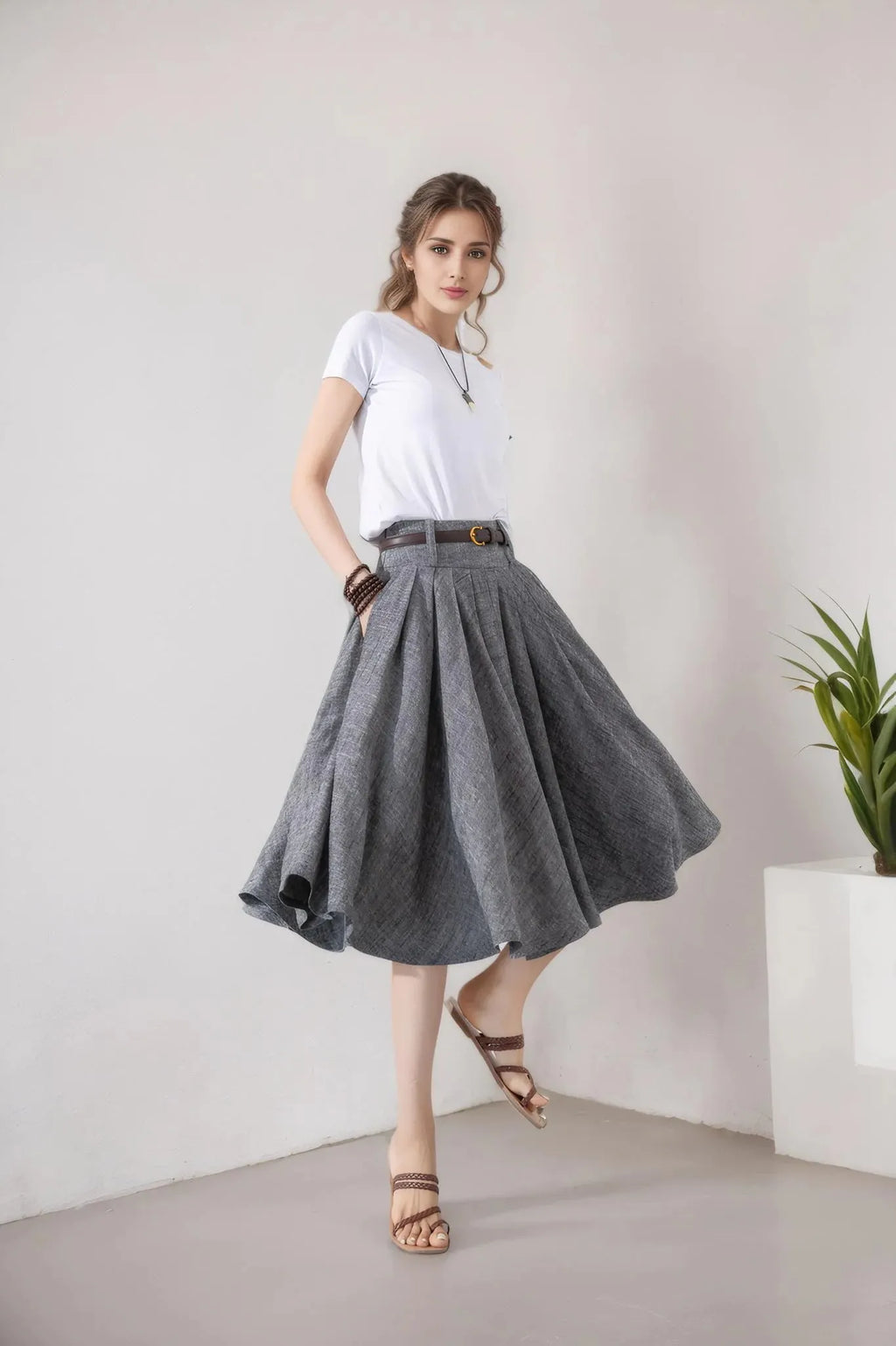 Gray Cotton Linen Pleated Midi Skirt - Flare Circle Swing Silhouette 5801
