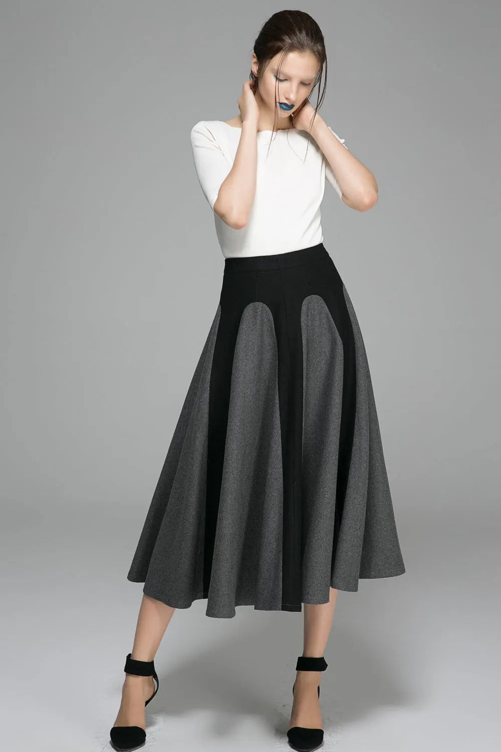 Handmade Two-Tone Gray Wool Maxi Skirt – Elegant Winter Swing Skirt 