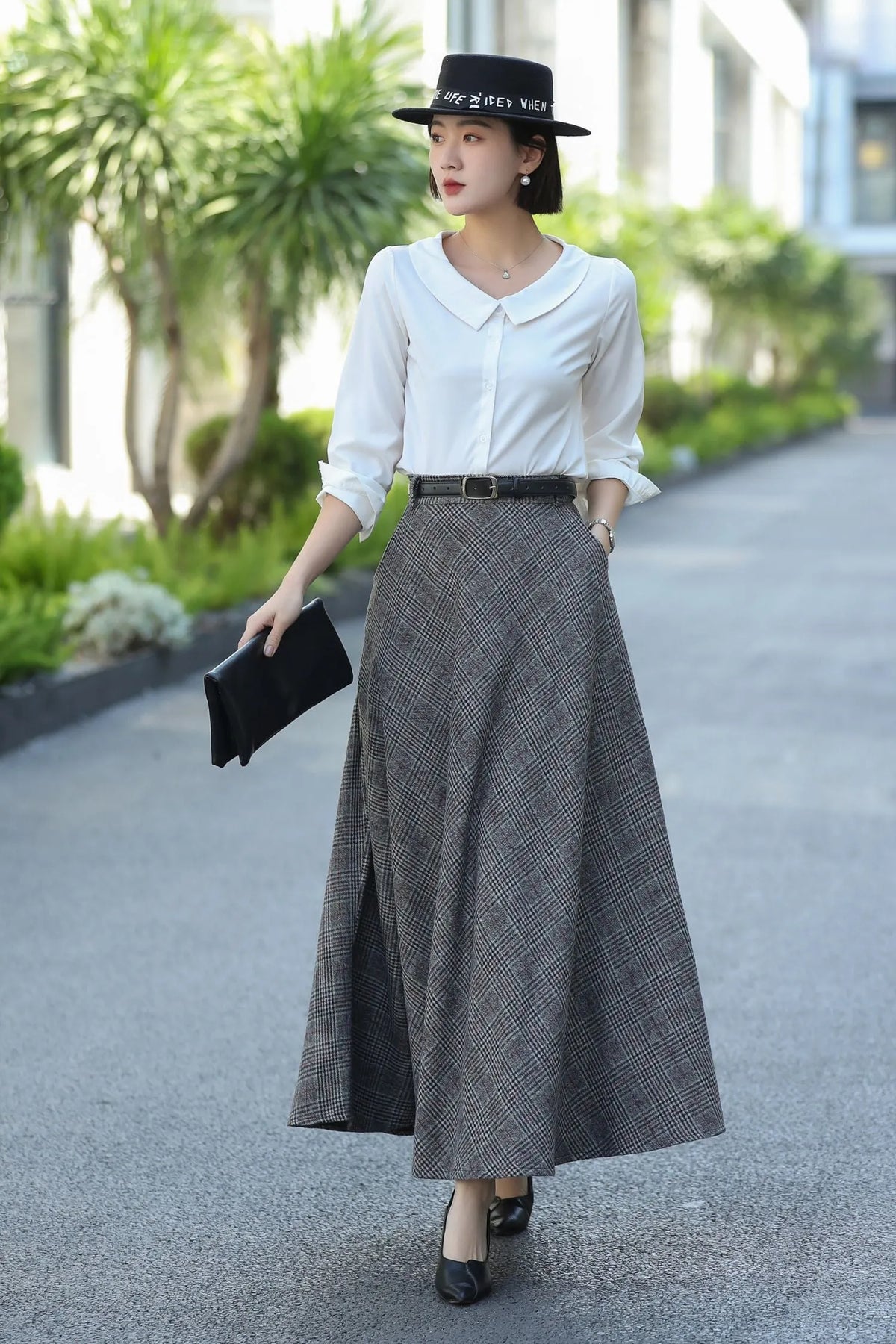 Gray Plaid Wool Maxi Skirt – Vintage High Waist Winter Skirt with Pockets 3106