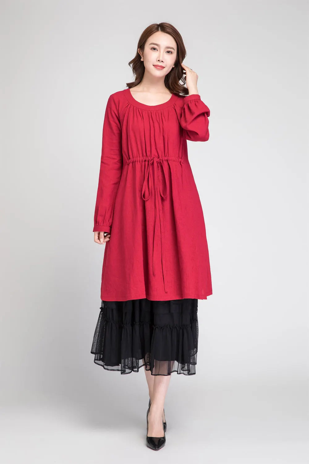 Red Linen Tunic Dress - Drawstring Waist, Pleated Blouson Sleeves 1885