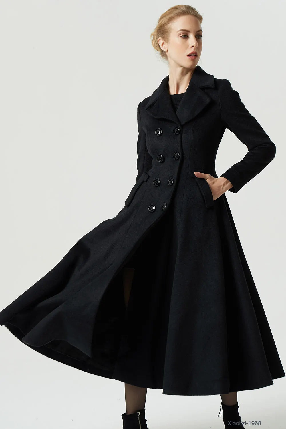 Black Wool Coat – Elegant Double Breasted Long Winter Overcoat  1968