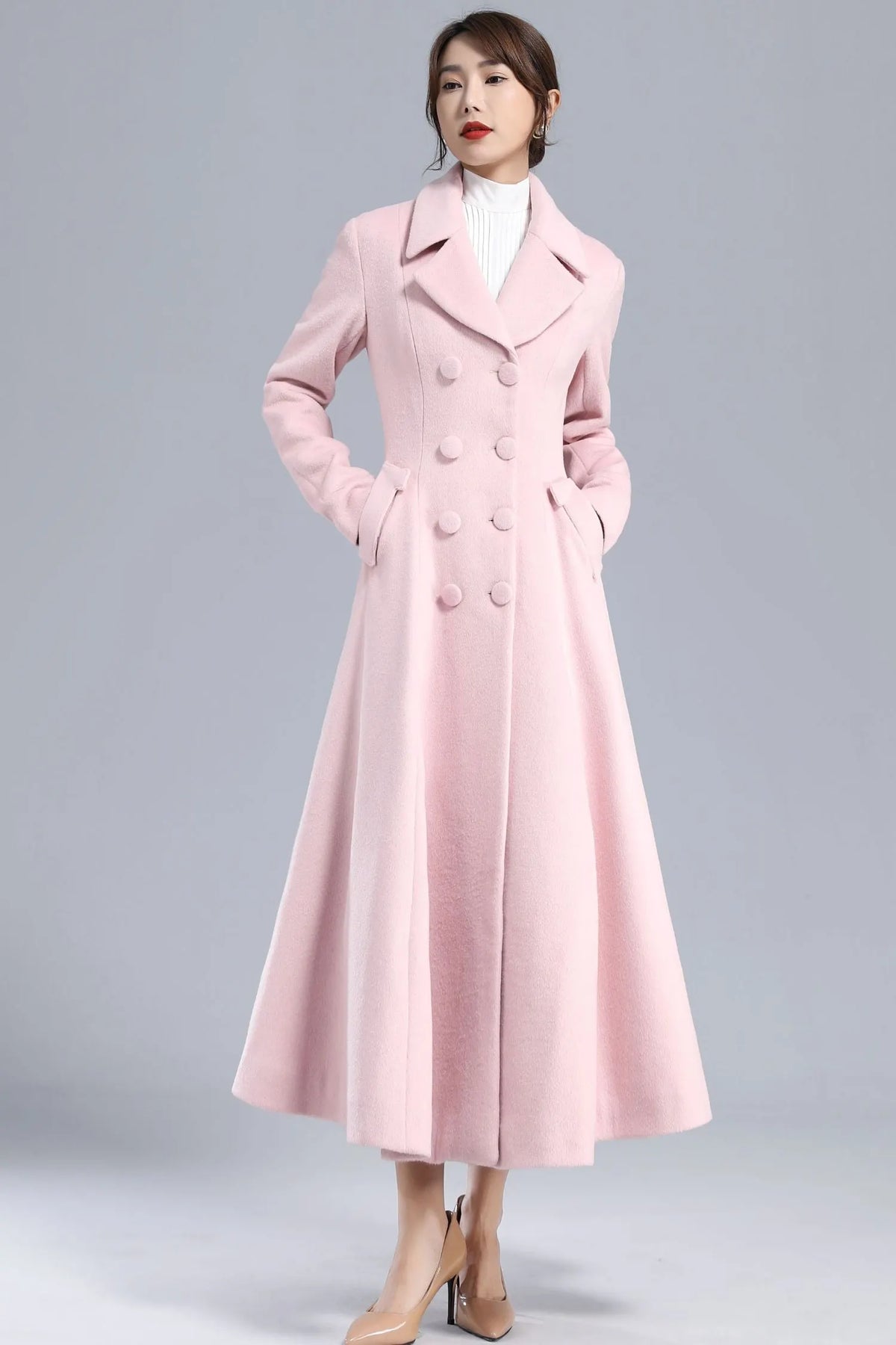 Romantic Pink Wool Blend Coat – Winter Double Breasted Overcoat 3240