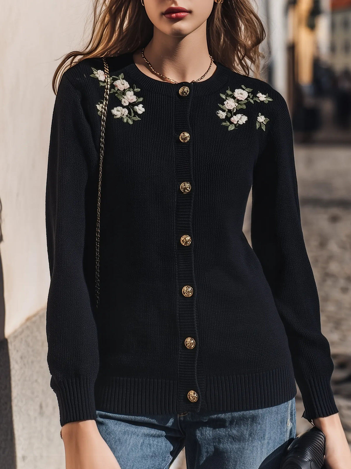 Vintage Romantic Black Floral Embroidery Gold Button Knit Cardigan