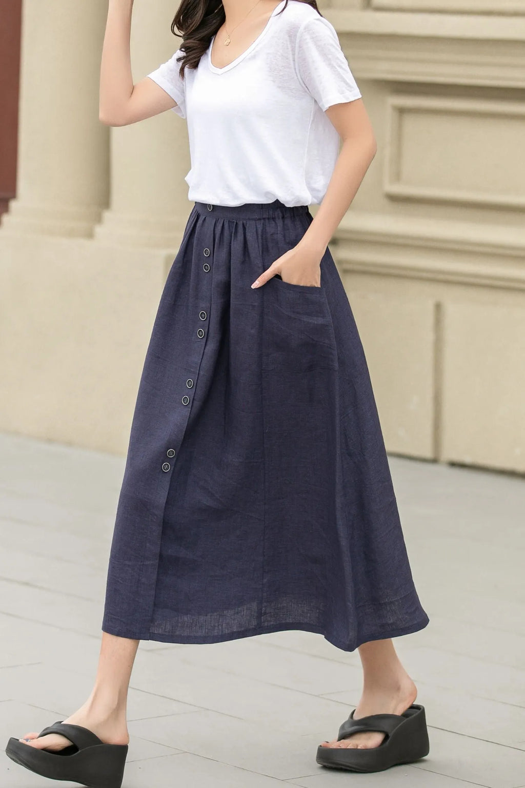 Dark Blue Linen Midi Skirt - Button-Up, Elastic Waistband 4944