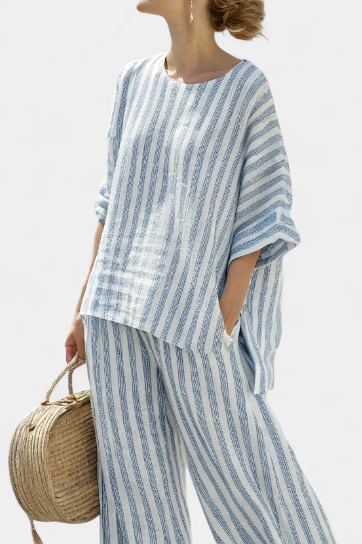 Rensleigh | Sophisticated Blue Striped Linen Top & Relaxed Pants