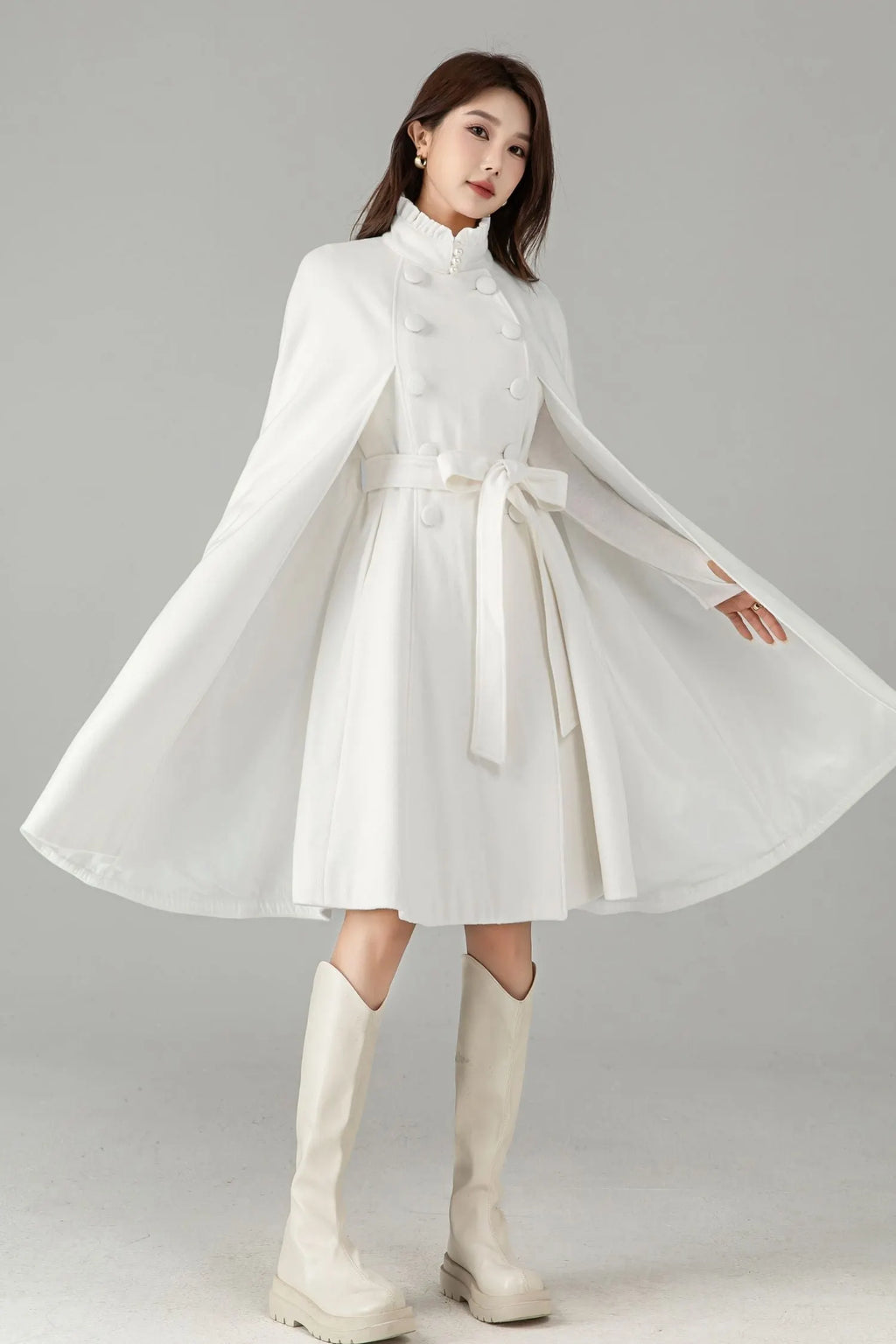 White Wool Cape Coat – Elegant Belted Winter Dress Coat 