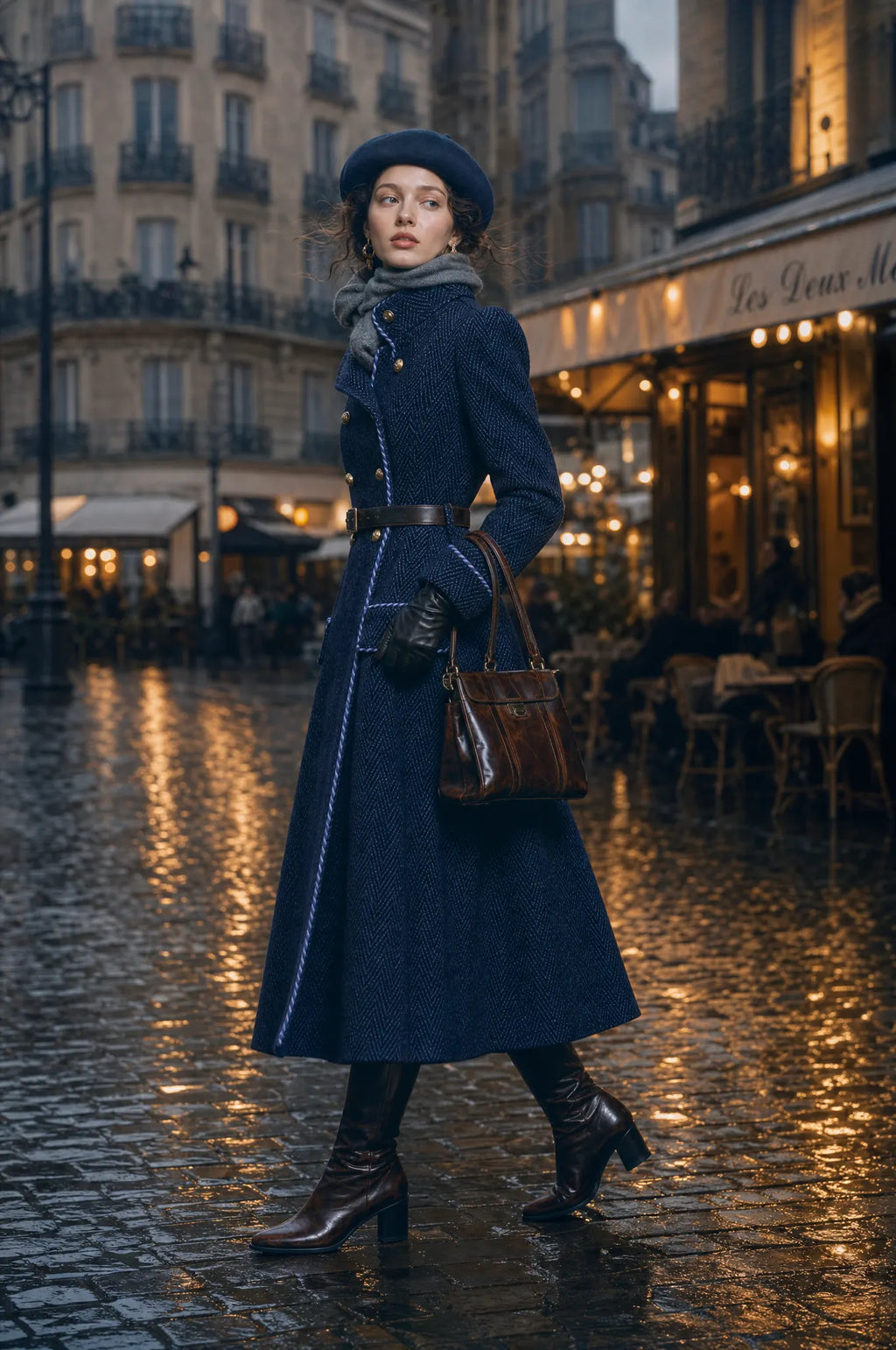Herringbone Wool Double-Breasted Long Coat with Contrast Piping
