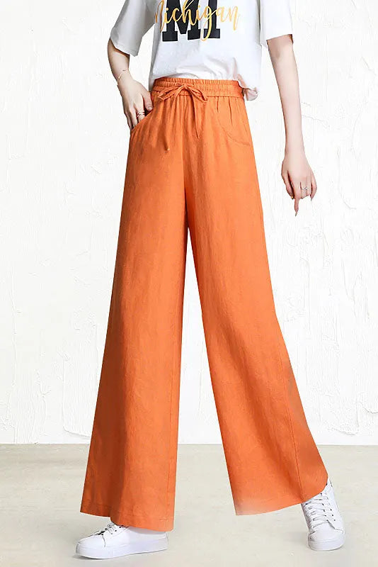 White Linen Wide Leg Pants - Elastic Waist with Front Pockets 3518