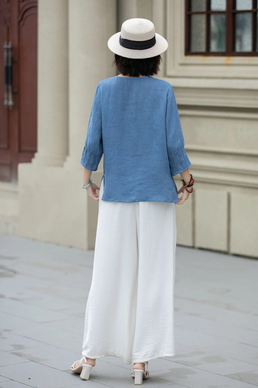 Blue Linen Blouse - Loose Fit with Boat Neckline 5221